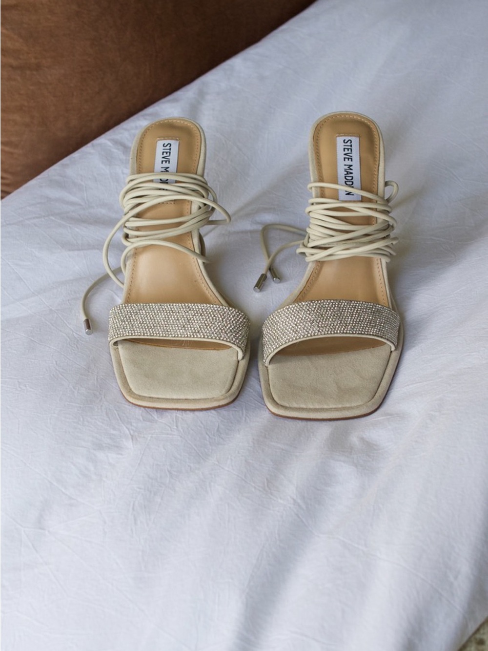 Steve Madden Cream Lace-Up Rhinestone Strap Heeled Sandals